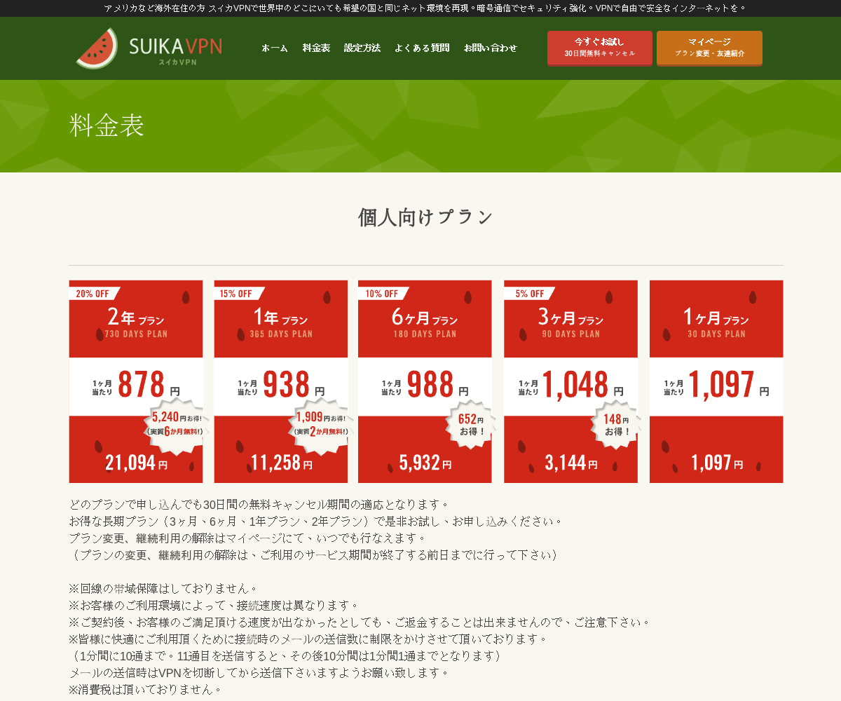 スイカVPNの料金表（公式サイト）